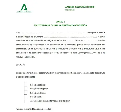 Solicitud ense&ntilde;anza de religi&oacute;n Andaluc&iacute;a