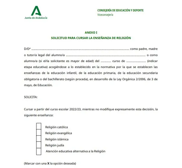 Solicitud ense&ntilde;anza de religi&oacute;n Andaluc&iacute;a