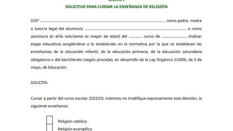 Solicitud ense&ntilde;anza de religi&oacute;n Andaluc&iacute;a